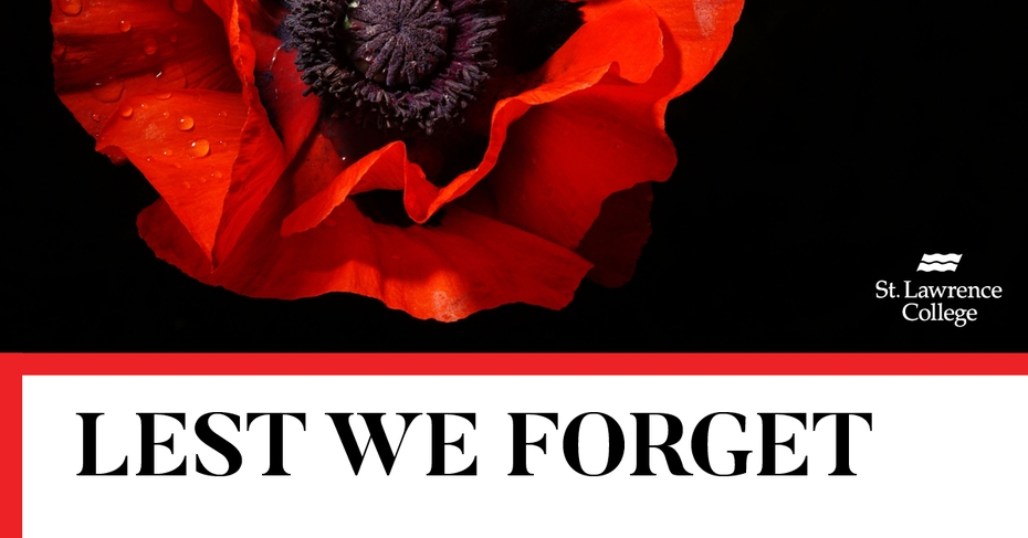 A picture of a poppy is accompanied by the text Lest We Forget